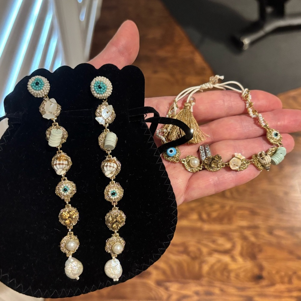 ANTHROPOLOGIE Artisan Hand made Evil Eye/Fresh Water Pearl Earrings & Bracelet
